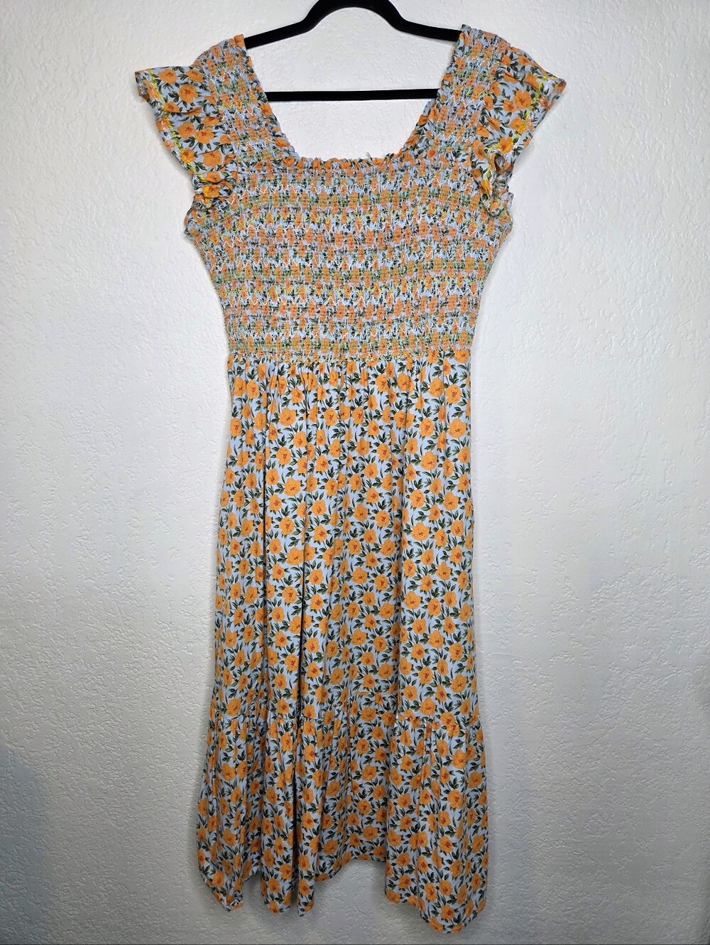 English Factory Sleeveless Square-Neck Embroidered Midi Dress Size Large Smocked